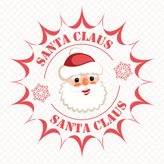 Christmas round sign with a cute Santa Claus face and snowflakes with text.