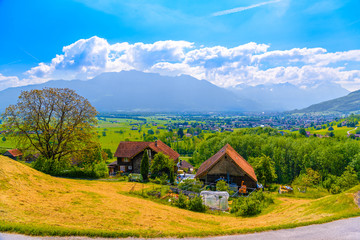 Farm houses in mountain village, Grabs, Werdenberg, St. Gallen,