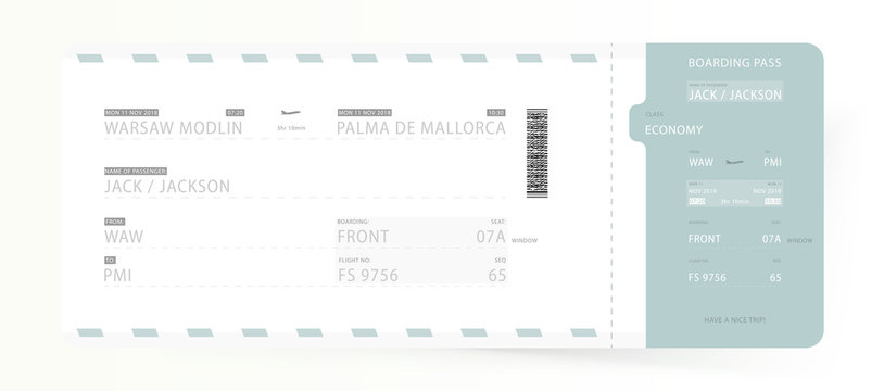 Airline Boarding Pass. Template ticket for traveling on plane for flight. Flat Vector illustration EPS10