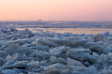 Ice drift on the Amur river. Khabarovsk, far East, Russia.