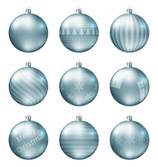 Pastel light blue christmas balls isolated on white background. Photorealistic high quality vector set of christmas baubles.