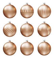 Pastel orange christmas balls isolated on white background. Photorealistic high quality vector set of christmas baubles.