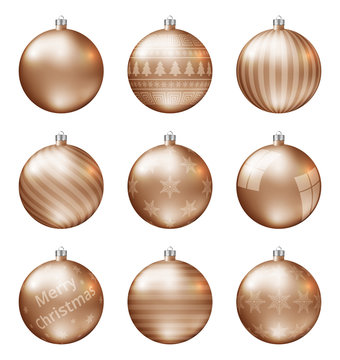 Pastel Orange Christmas Balls Isolated On White Background. Photorealistic High Quality Vector Set Of Christmas Baubles.