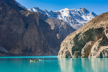 attabad lake in autumn with clear blue sky