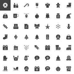 Merry Christmas vector icons set, modern solid symbol collection, filled style pictogram pack. Signs logo illustration. Set includes icons as Xmas wreath, Candle, Candy cane, Bauble, Fireplace, Santa 