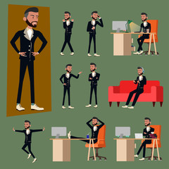 Vector illustration in a flat style of business office men or boss in working uniform suit. varies action of salary man using smartphone, working with computer pc laptop in work desk and relax sofa.