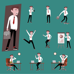 Vector illustration in a flat style of business officer salary man in working uniform. Many action of the man using smartphone, working with pc laptop on work desk, presentation goal sucess planning.