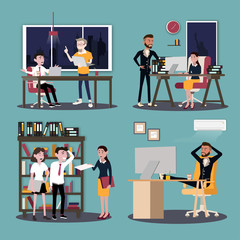 Vector illustration in a flat style of business office team workers women, men and boss in uniform in meeting room and growing chart. Presentation in various action with emotions.