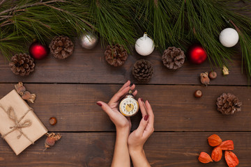 Christmas background new year winter tree gifts nuts bumps hands