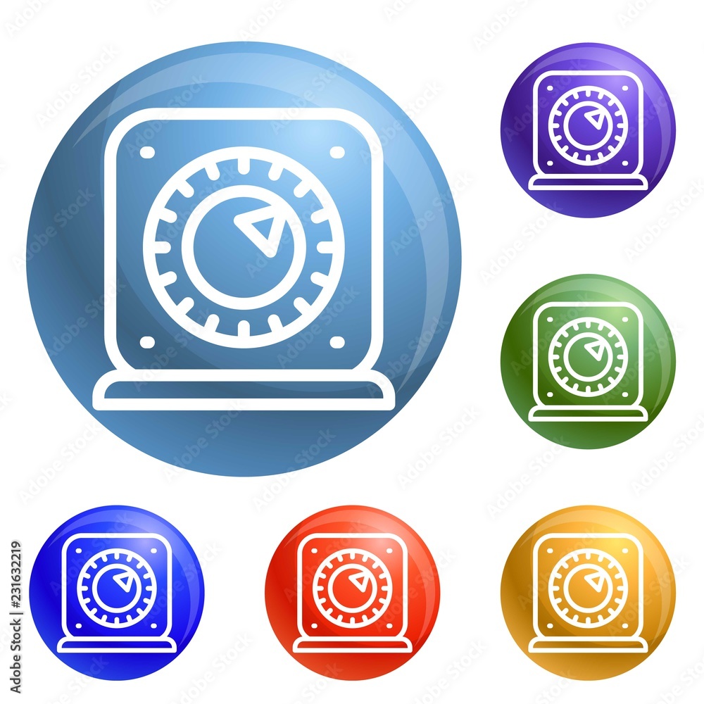 Poster kitchen timer start icons set vector 6 color isolated on white background