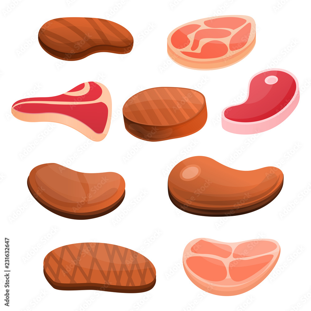 Poster steak icon set. cartoon set of steak vector icons for web design