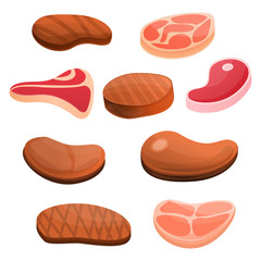 Steak icon set. Cartoon set of steak vector icons for web design