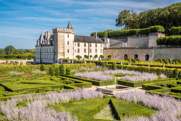 Beautiful renaissance park with chateau Villandry on the background, Loire region, France.
