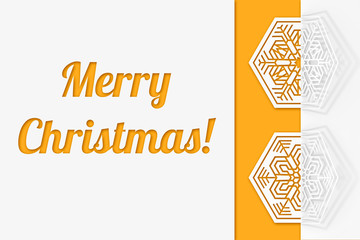 Carved paper snowflakes folded in half, bent, casts a beautiful shadow on a white background and Merry Christmas text 3d illustration