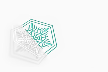 Carved paper snowflake folded in half, bent, casts a beautiful shadow on a white background 3d illustration