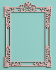 Classic frame with ornament decor in pastel pink color on pastel mint blue background