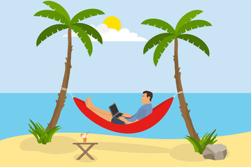 A man is lying in a hammock on the beach. A man with a laptop is in a hammock and does work against the backdrop of the sea and palm trees. Flat design, vector illustration, vector.