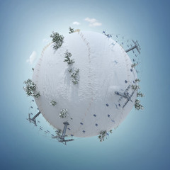 3d illustration of the winter planet with ski resort, slope, and  ski lift. Creative ski  winter background isolated on white. Baby planet.Winter activities banner design. Winter concept.