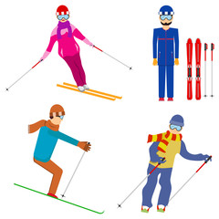 Skiers, skiers in various poses. Ski resort. Flat design, vector illustration, vector.