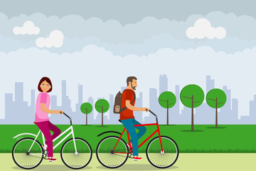 Cyclists ride through the park, a man and a woman travel by bike. The concept of active recreation on a bicycle. Flat design, vector illustration.