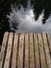 Fototapeta premium Wooden scaffold on the pond, forest reflection in the water