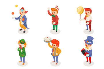 Isometric fun clowns characters icon set isolated flat design vector illustration
