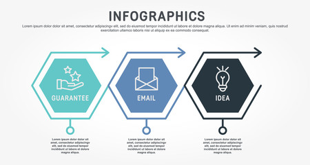 Flat line vector illustration. Infographic template with three elements, hexagons, text. Timeline step by step. Designed for business, presentations, web design, diagrams, training with 3 steps