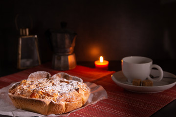 homemade almond frangipane cake in selective lighting