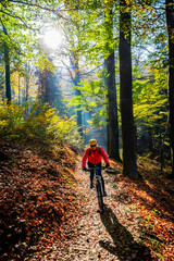 Obraz premium Cycling, mountain bikeing woman on cycle trail in autumn forest. Mountain biking in autumn landscape forest. Woman cycling MTB flow uphill trail.