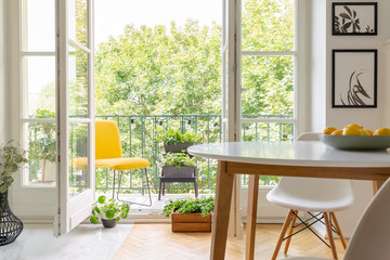 Yellow chair on the balcony of elegant kitchen interior with white wooden chair and posters on the wall, real photo