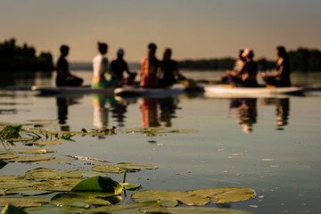 natural Blurred photo of group people practicing sup yoga on large river