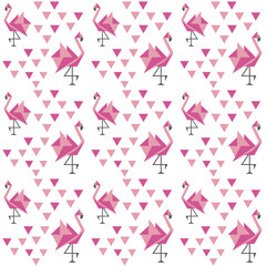 Pink flamingo pattern with geometric japanese origami birds and pink triangle shapes for seamless backgrounds, wrapping paper and print on textile or fabric.