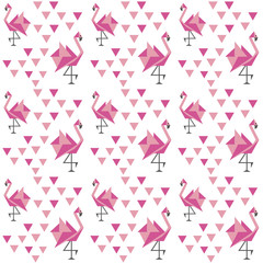 Pink flamingo pattern with geometric japanese origami birds and pink triangle shapes for seamless backgrounds, wrapping paper and print on textile or fabric.