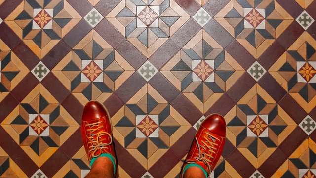 Standing On Beautiful Peranakan House Tiles And Mosaic