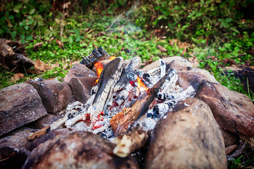 burning firewood on small campire surrounded by stones
