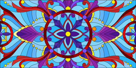 Illustration in stained glass style with abstract flowers, leaves and curls on blue background, horizontal orientation
