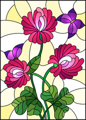 Illustration in stained glass style with bouquet of pink  clover and purple butterflies on a yellow background 