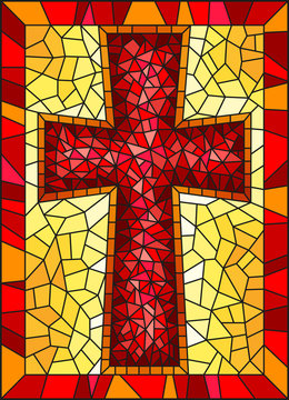 The illustration in stained glass style painting on religious themes, stained glass window in the shape of a red Christian cross , on a yellow background with  frame