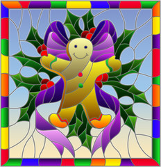 Illustration in stained glass style for New year and Christmas, ginger man, Holly branches and ribbons on a blue background in a bright frame