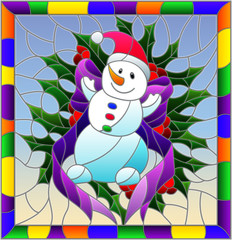 Illustration in stained glass style for New year and Christmas, snowman, Holly branches and ribbons on a blue background in a bright frame