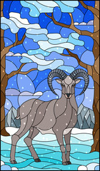 Illustration in stained glass style with wild ram on the background of trees, mountains, snow  and sky