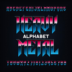 Heavy metal alphabet font. Metal effect beveled letters, numbers and symbols. Stock vector typescript for your design. - obrazy, fototapety, plakaty