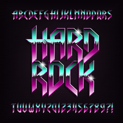Hard rock alphabet font. Metal effect beveled colorful letters, numbers and symbols. Stock vector typescript for your design. - obrazy, fototapety, plakaty