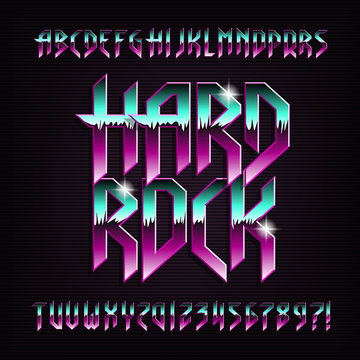 Hard rock alphabet font. Metal effect beveled colorful letters, numbers and symbols. Stock vector typescript for your design.