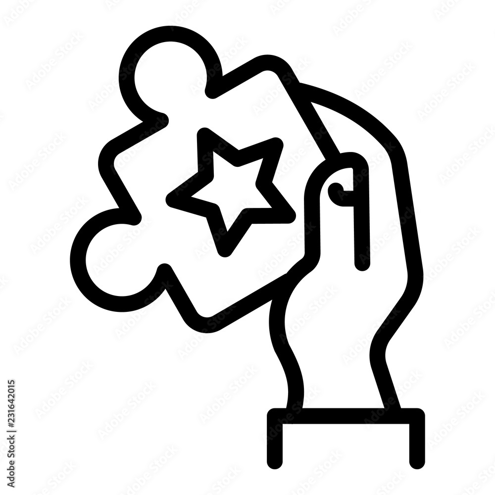 Poster puzzle in hand icon. outline puzzle in hand vector icon for web design isolated on white background