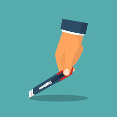 Knife paper holding in hand. Vector illustration flat design. Isolated on background. Office knife  to cut paper. Suitable for opening boxes.