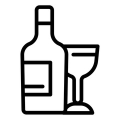 Wine bottle and glass icon. Outline wine bottle and glass vector icon for web design isolated on white background