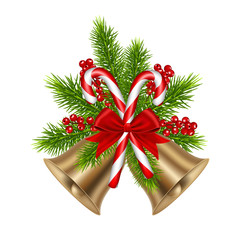 christmas background with bells, candy and bow,  isolated on white background