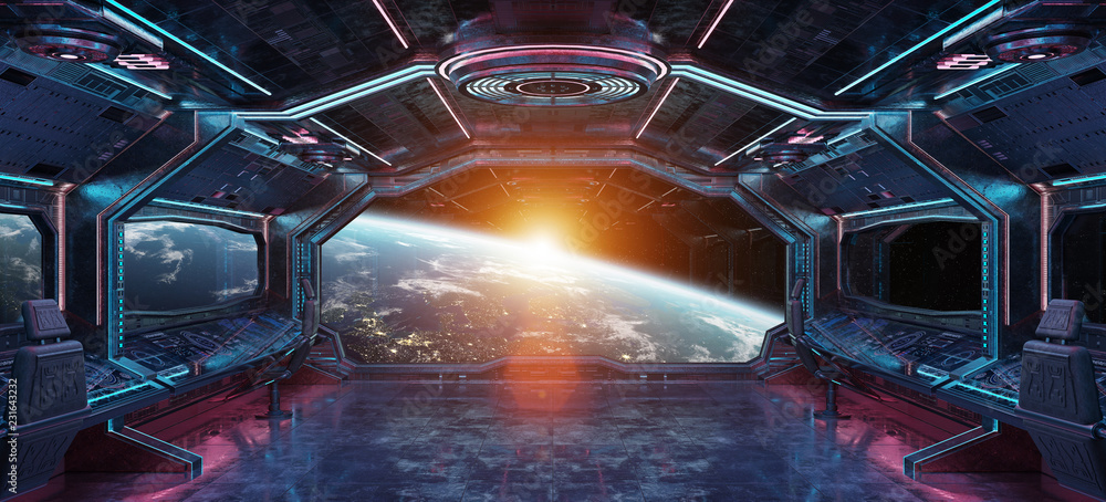 Poster grunge spaceship interior with view on planet earth 3d rendering