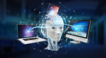 White humanoid controlling modern devices 3D rendering